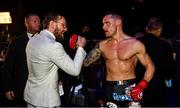 27 September 2019; Kiefer Crosbie is congratulated by SBG team-mate Conor McGregor after defeating Hugo Pereira in their contract weight bout at Bellator 227 in the 3Arena, Dublin. Photo by David Fitzgerald/Sportsfile