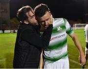 27 September 2019; Aaron Greene of Shamrock Rovers is congratulated by his manager Stephen Bradley after scoring his side's second goal during the Extra.ie FAI Cup Semi-Final match between Bohemians and Shamrock Rovers at Dalymount Park in Dublin. Photo by Seb Daly/Sportsfile