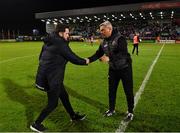 27 September 2019; Shamrock Rovers manager Stephen Bradley, left, and Bohemians manager Keith Long shake hands following the Extra.ie FAI Cup Semi-Final match between Bohemians and Shamrock Rovers at Dalymount Park in Dublin. Photo by Seb Daly/Sportsfile