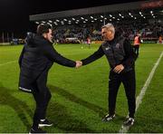27 September 2019; Shamrock Rovers manager Stephen Bradley, left, and Bohemians manager Keith Long shake hands following the Extra.ie FAI Cup Semi-Final match between Bohemians and Shamrock Rovers at Dalymount Park in Dublin. Photo by Seb Daly/Sportsfile