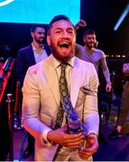 27 September 2019; UFC fighter Conor McGregor celebrates after team-mate Peter Queally was declared victorious over Ryan Scope in their welterweight bout at Bellator Dublin in the 3Arena, Dublin. Photo by David Fitzgerald/Sportsfile