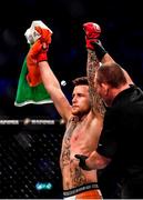 27 September 2019; James Gallagher is declared victorious after defeating Roman Salazar in their contract weight bout at Bellator Dublin in the 3Arena, Dublin. Photo by David Fitzgerald/Sportsfile