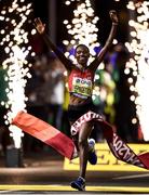 27 September 2019; Ruth Chepngetich of Kenya celebrates winning the Women's Marathon during day one of the World Athletics Championships 2019 at the Corniche in Doha, Qatar. Photo by Sam Barnes/Sportsfile