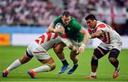 28 September 2019; Chris Farrell of Ireland is tackled by Keita Inagaki, left, and Jiwon Koo of Japan during the 2019 Rugby World Cup Pool A match between Japan and Ireland at the Shizuoka Stadium Ecopa in Fukuroi, Shizuoka Prefecture, Japan. Photo by Brendan Moran/Sportsfile
