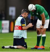 28 September 2019; Rory Best of Ireland is attended to by Ireland team physio Keith Fox during the 2019 Rugby World Cup Pool A match between Japan and Ireland at the Shizuoka Stadium Ecopa in Fukuroi, Shizuoka Prefecture, Japan. Photo by Brendan Moran/Sportsfile