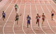 28 September 2019; Thomas Barr of Ireland, third from left, dips for the line to finish fourth in the Men's 400m Hurdles Semi-Finals, behind, Raj Benjamin of USA, centre, who finished first, Abderrahman Samba of Qatar, third from right, who finished second, and Takatoshi Abe of Japan, second from right, who finished third, during day two of the World Athletics Championships 2019 at Khalifa International Stadium in Doha, Qatar. Photo by Sam Barnes/Sportsfile