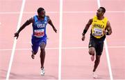28 September 2019; Justin Gatlin of USA, left, and Yohan Blake of Jamaica, right, competing in the Men's 100m Semi-Finals during day two of the World Athletics Championships 2019 at Khalifa International Stadium in Doha, Qatar. Photo by Sam Barnes/Sportsfile