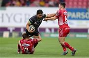 28 September 2019; Colby Fainga'a of Connacht is tackled by Steff Hughes and Ryan Conbeer of Scarlets during the Guinness PRO14 Round 1 match between Scarlets and Connacht at Parc y Scarlets in Llanelli, Wales. Photo by Chris Fairweather/Sportsfile