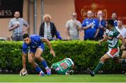 28 September 2019; Adam Byrne of Leinster scores his side's first try during the Guinness PRO14 Round 1 match between Benetton and Leinster at Stadio Monigo in Treviso, Italy. Photo by Ramsey Cardy/Sportsfile