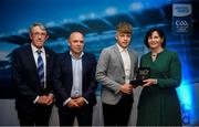 28 September 2019; Pictured is the Electric Ireland Minor Hurling All Star winner Aidan Tallis of Kilkenny at the 2019 Electric Ireland Minor Star Awards alongside, from left, Munster Council chairman Liam Lenihan, Derek McGrath and Executive Director of ESB Marguerite Sayers. The Hurling Team of the Year was selected by an expert panel of GAA legends including Alan Kerins, Derek McGrath, Karl Lacey and Tomás Quinn. The Electric Ireland GAA Minor Star Awards create a major moment for Minor players, showcasing the outstanding achievements of individual performers throughout the Championship season. The awards also recognise the effort of those who support them day in and day out, from their coaches to parents, clubs and communities. #GAAThisIsMajor Photo by David Fitzgerald/Sportsfile