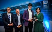 28 September 2019; Pictured is the Electric Ireland Minor Hurling All Star winner Greg Thomas of Galway at the 2019 Electric Ireland Minor Star Awards alongside, from left, Munster Council chairman Liam Lenihan, Derek McGrath and Executive Director of ESB Marguerite Sayers. The Hurling Team of the Year was selected by an expert panel of GAA legends including Alan Kerins, Derek McGrath, Karl Lacey and Tomás Quinn. The Electric Ireland GAA Minor Star Awards create a major moment for Minor players, showcasing the outstanding achievements of individual performers throughout the Championship season. The awards also recognise the effort of those who support them day in and day out, from their coaches to parents, clubs and communities. #GAAThisIsMajor Photo by David Fitzgerald/Sportsfile