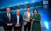 28 September 2019; Pictured is the Electric Ireland Minor Hurling All Star winner Peter McDonald of Kilkenny at the 2019 Electric Ireland Minor Star Awards alongside, from left, Munster Council chairman Liam Lenihan, Derek McGrath and Executive Director of ESB Marguerite Sayers. The Hurling Team of the Year was selected by an expert panel of GAA legends including Alan Kerins, Derek McGrath, Karl Lacey and Tomás Quinn. The Electric Ireland GAA Minor Star Awards create a major moment for Minor players, showcasing the outstanding achievements of individual performers throughout the Championship season. The awards also recognise the effort of those who support them day in and day out, from their coaches to parents, clubs and communities. #GAAThisIsMajor Photo by David Fitzgerald/Sportsfile