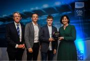 28 September 2019; Pictured is the Electric Ireland Minor Football All Star winner Jonathan McGrath of Galway at the 2019 Electric Ireland Minor Star Awards alongside, from left, Munster Council chairman Liam Lenihan, Tomás Quinn and Executive Director of ESB Marguerite Sayers. The Football Team of the Year was selected by an expert panel of GAA legends including Alan Kerins, Derek McGrath, Karl Lacey and Tomás Quinn. The Electric Ireland GAA Minor Star Awards create a major moment for Minor players, showcasing the outstanding achievements of individual performers throughout the Championship season. The awards also recognise the effort of those who support them day in and day out, from their coaches to parents, clubs and communities. #GAAThisIsMajor Photo by David Fitzgerald/Sportsfile
