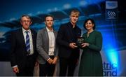 28 September 2019; Pictured is the Electric Ireland Minor Football All Star winner James McLaughlin of Galway at the 2019 Electric Ireland Minor Star Awards alongside, from left, Munster Council chairman Liam Lenihan, Tomás Quinn and Executive Director of ESB Marguerite Sayers. The Football Team of the Year was selected by an expert panel of GAA legends including Alan Kerins, Derek McGrath, Karl Lacey and Tomás Quinn. The Electric Ireland GAA Minor Star Awards create a major moment for Minor players, showcasing the outstanding achievements of individual performers throughout the Championship season. The awards also recognise the effort of those who support them day in and day out, from their coaches to parents, clubs and communities. #GAAThisIsMajor Photo by David Fitzgerald/Sportsfile