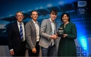 28 September 2019; Pictured is the Electric Ireland Minor Football All Star winner Daniel Linehan of Cork at the 2019 Electric Ireland Minor Star Awards alongside, from left, Munster Council chairman Liam Lenihan, Tomás Quinn and Executive Director of ESB Marguerite Sayers. The Football Team of the Year was selected by an expert panel of GAA legends including Alan Kerins, Derek McGrath, Karl Lacey and Tomás Quinn. The Electric Ireland GAA Minor Star Awards create a major moment for Minor players, showcasing the outstanding achievements of individual performers throughout the Championship season. The awards also recognise the effort of those who support them day in and day out, from their coaches to parents, clubs and communities. #GAAThisIsMajor Photo by David Fitzgerald/Sportsfile