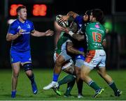 28 September 2019; Joe Tomane of Leinster is tackled by Monty Ioane, left, and Joaquin Riera of Benetton during the Guinness PRO14 Round 1 match between Benetton and Leinster at Stadio Monigo in Treviso, Italy. Photo by Ramsey Cardy/Sportsfile