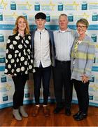28 September 2019; AJ Redmond of Rathnure and Wexford, with family members Claire, Patrick and Mary Redmond, on their arrival at the 2019 Electric Ireland Minor Star Awards. The Hurling and Football Team of the Year was selected by an expert panel of GAA legends including Alan Kerins, Derek McGrath, Karl Lacey and Tomás Quinn. The Electric Ireland GAA Minor Star Awards create a major moment for Minor players, showcasing the outstanding achievements of individual performers throughout the Championship season. The awards also recognise the effort of those who support them day in and day out, from their coaches to parents, clubs and communities. #GAAThisIsMajor  Photo by Seb Daly/Sportsfile