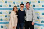 28 September 2019; Aaron Browne of Celbridge and Kildare, with family members Kathryn Donnelley and Paul Browne on their arrival at the 2019 Electric Ireland Minor Star Awards. The Hurling and Football Team of the Year was selected by an expert panel of GAA legends including Alan Kerins, Derek McGrath, Karl Lacey and Tomás Quinn. The Electric Ireland GAA Minor Star Awards create a major moment for Minor players, showcasing the outstanding achievements of individual performers throughout the Championship season. The awards also recognise the effort of those who support them day in and day out, from their coaches to parents, clubs and communities. #GAAThisIsMajor  Photo by Seb Daly/Sportsfile