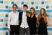 28 September 2019; Devon Burns of Na Gaeil and Kerry, with family members Michael Burns, Lisa Flannery and Denise Burns, on their arrival at the 2019 Electric Ireland Minor Star Awards. The Hurling and Football Team of the Year was selected by an expert panel of GAA legends including Alan Kerins, Derek McGrath, Karl Lacey and Tomás Quinn. The Electric Ireland GAA Minor Star Awards create a major moment for Minor players, showcasing the outstanding achievements of individual performers throughout the Championship season. The awards also recognise the effort of those who support them day in and day out, from their coaches to parents, clubs and communities. #GAAThisIsMajor  Photo by Seb Daly/Sportsfile