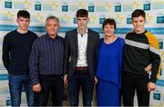 28 September 2019; Ronan Boyle of Truagh Gaels and Monaghan with his Godfather Donal O'Neill, mother Marcella Boyle, and brothers Ryan and Dermot, on their arrival at the 2019 Electric Ireland Minor Star Awards. The Hurling and Football Team of the Year was selected by an expert panel of GAA legends including Alan Kerins, Derek McGrath, Karl Lacey and Tomás Quinn. The Electric Ireland GAA Minor Star Awards create a major moment for Minor players, showcasing the outstanding achievements of individual performers throughout the Championship season. The awards also recognise the effort of those who support them day in and day out, from their coaches to parents, clubs and communities. #GAAThisIsMajor  Photo by Seb Daly/Sportsfile