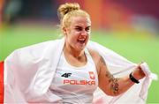 28 September 2019; Joanna Fiodorow of Poland celebrates after winning a silver medal in the Women's Hammer during day two of the World Athletics Championships 2019 at Khalifa International Stadium in Doha, Qatar. Photo by Sam Barnes/Sportsfile