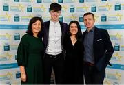 28 September 2019; Greg Thomas of Ballygar and Galway with family members Bernie Campbell, Jane Thomas and Tom Thomas, on their arrival at the 2019 Electric Ireland Minor Star Awards. The Hurling and Football Team of the Year was selected by an expert panel of GAA legends including Alan Kerins, Derek McGrath, Karl Lacey and Tomás Quinn. The Electric Ireland GAA Minor Star Awards create a major moment for Minor players, showcasing the outstanding achievements of individual performers throughout the Championship season. The awards also recognise the effort of those who support them day in and day out, from their coaches to parents, clubs and communities. #GAAThisIsMajor  Photo by Seb Daly/Sportsfile