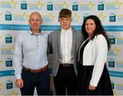 28 September 2019; Aidan Tallis of Lisdowney and Kilkenny, with family members Mark and Sharon Tallis on their arrival at the 2019 Electric Ireland Minor Star Awards. The Hurling and Football Team of the Year was selected by an expert panel of GAA legends including Alan Kerins, Derek McGrath, Karl Lacey and Tomás Quinn. The Electric Ireland GAA Minor Star Awards create a major moment for Minor players, showcasing the outstanding achievements of individual performers throughout the Championship season. The awards also recognise the effort of those who support them day in and day out, from their coaches to parents, clubs and communities. #GAAThisIsMajor  Photo by Seb Daly/Sportsfile