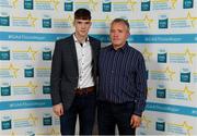 28 September 2019; Ronan Boyle of Truagh Gaels and Monaghan with his Godfather Donal O'Neill on their arrival at the 2019 Electric Ireland Minor Star Awards. The Hurling and Football Team of the Year was selected by an expert panel of GAA legends including Alan Kerins, Derek McGrath, Karl Lacey and Tomás Quinn. The Electric Ireland GAA Minor Star Awards create a major moment for Minor players, showcasing the outstanding achievements of individual performers throughout the Championship season. The awards also recognise the effort of those who support them day in and day out, from their coaches to parents, clubs and communities. #GAAThisIsMajor  Photo by Seb Daly/Sportsfile