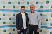 28 September 2019; Jonathan McGrath of Caherlistrane and Galway, with coach David Glynn, on their arrival at the 2019 Electric Ireland Minor Star Awards. The Hurling and Football Team of the Year was selected by an expert panel of GAA legends including Alan Kerins, Derek McGrath, Karl Lacey and Tomás Quinn. The Electric Ireland GAA Minor Star Awards create a major moment for Minor players, showcasing the outstanding achievements of individual performers throughout the Championship season. The awards also recognise the effort of those who support them day in and day out, from their coaches to parents, clubs and communities. #GAAThisIsMajor  Photo by Seb Daly/Sportsfile