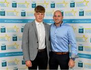 28 September 2019; Aidan Tallis of Lisdowney and Kilkenny with his uncle Ray Tallis on their arrival at the 2019 Electric Ireland Minor Star Awards. The Hurling and Football Team of the Year was selected by an expert panel of GAA legends including Alan Kerins, Derek McGrath, Karl Lacey and Tomás Quinn. The Electric Ireland GAA Minor Star Awards create a major moment for Minor players, showcasing the outstanding achievements of individual performers throughout the Championship season. The awards also recognise the effort of those who support them day in and day out, from their coaches to parents, clubs and communities. #GAAThisIsMajor  Photo by Seb Daly/Sportsfile