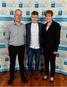28 September 2019; Jonathan McGrath of Caherlistrane and Galway, with family members John and Ann McGrath on their arrival at the 2019 Electric Ireland Minor Star Awards. The Hurling and Football Team of the Year was selected by an expert panel of GAA legends including Alan Kerins, Derek McGrath, Karl Lacey and Tomás Quinn. The Electric Ireland GAA Minor Star Awards create a major moment for Minor players, showcasing the outstanding achievements of individual performers throughout the Championship season. The awards also recognise the effort of those who support them day in and day out, from their coaches to parents, clubs and communities. #GAAThisIsMajor  Photo by Seb Daly/Sportsfile