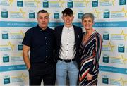 28 September 2019; Dylan Geaney of Dingle and Kerry, with family members Colm and Marie Geaney, on their arrival at the 2019 Electric Ireland Minor Star Awards. The Hurling and Football Team of the Year was selected by an expert panel of GAA legends including Alan Kerins, Derek McGrath, Karl Lacey and Tomás Quinn. The Electric Ireland GAA Minor Star Awards create a major moment for Minor players, showcasing the outstanding achievements of individual performers throughout the Championship season. The awards also recognise the effort of those who support them day in and day out, from their coaches to parents, clubs and communities. #GAAThisIsMajor  Photo by Seb Daly/Sportsfile