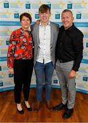 28 September 2019; Daniel Linehan of Castlemagner and Cork, with family members Kas and Jimmy Linehan, on their arrival at the 2019 Electric Ireland Minor Star Awards. The Hurling and Football Team of the Year was selected by an expert panel of GAA legends including Alan Kerins, Derek McGrath, Karl Lacey and Tomás Quinn. The Electric Ireland GAA Minor Star Awards create a major moment for Minor players, showcasing the outstanding achievements of individual performers throughout the Championship season. The awards also recognise the effort of those who support them day in and day out, from their coaches to parents, clubs and communities. #GAAThisIsMajor  Photo by Seb Daly/Sportsfile