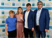 28 September 2019; Daniel Cox of Moycullen and Galway, with family members Charlie, Phil and David Cox, on their arrival at the 2019 Electric Ireland Minor Star Awards. The Hurling and Football Team of the Year was selected by an expert panel of GAA legends including Alan Kerins, Derek McGrath, Karl Lacey and Tomás Quinn. The Electric Ireland GAA Minor Star Awards create a major moment for Minor players, showcasing the outstanding achievements of individual performers throughout the Championship season. The awards also recognise the effort of those who support them day in and day out, from their coaches to parents, clubs and communities. #GAAThisIsMajor  Photo by Seb Daly/Sportsfile