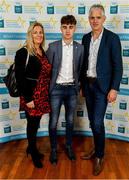28 September 2019; Alex Connaire of Sarsfield and Galway, with family members Nicola and Adrian Connaire, on their arrival at the 2019 Electric Ireland Minor Star Awards. The Hurling and Football Team of the Year was selected by an expert panel of GAA legends including Alan Kerins, Derek McGrath, Karl Lacey and Tomás Quinn. The Electric Ireland GAA Minor Star Awards create a major moment for Minor players, showcasing the outstanding achievements of individual performers throughout the Championship season. The awards also recognise the effort of those who support them day in and day out, from their coaches to parents, clubs and communities. #GAAThisIsMajor  Photo by Seb Daly/Sportsfile