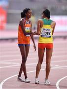28 September 2019; Sifan Hassan of Netherlands, left, celebrates winning the Women's 10,000m final, with Letesenbet Gidey of Ethiopia who finished second, during day two of the World Athletics Championships 2019 at Khalifa International Stadium in Doha, Qatar. Photo by Sam Barnes/Sportsfile