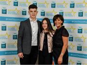 28 September 2019; Tomo Culhane of Salthill-Knocknacarra and Galway, with family members Evie and Sinéad Culhane, on their arrival at the 2019 Electric Ireland Minor Star Awards. The Hurling and Football Team of the Year was selected by an expert panel of GAA legends including Alan Kerins, Derek McGrath, Karl Lacey and Tomás Quinn. The Electric Ireland GAA Minor Star Awards create a major moment for Minor players, showcasing the outstanding achievements of individual performers throughout the Championship season. The awards also recognise the effort of those who support them day in and day out, from their coaches to parents, clubs and communities. #GAAThisIsMajor  Photo by Seb Daly/Sportsfile