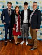 28 September 2019; Cian Galvin of Clarecastle and Clare, with family members Niall, Sheila and John Galvin, on their arrival at the 2019 Electric Ireland Minor Star Awards. The Hurling and Football Team of the Year was selected by an expert panel of GAA legends including Alan Kerins, Derek McGrath, Karl Lacey and Tomás Quinn. The Electric Ireland GAA Minor Star Awards create a major moment for Minor players, showcasing the outstanding achievements of individual performers throughout the Championship season. The awards also recognise the effort of those who support them day in and day out, from their coaches to parents, clubs and communities. #GAAThisIsMajor  Photo by Seb Daly/Sportsfile