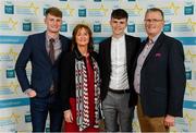 28 September 2019; Cian Galvin of Clarecastle and Clare, with family members Niall, Sheila and John Galvin, on their arrival at the 2019 Electric Ireland Minor Star Awards. The Hurling and Football Team of the Year was selected by an expert panel of GAA legends including Alan Kerins, Derek McGrath, Karl Lacey and Tomás Quinn. The Electric Ireland GAA Minor Star Awards create a major moment for Minor players, showcasing the outstanding achievements of individual performers throughout the Championship season. The awards also recognise the effort of those who support them day in and day out, from their coaches to parents, clubs and communities. #GAAThisIsMajor  Photo by Seb Daly/Sportsfile