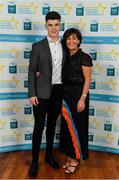 28 September 2019; Tomo Culhane of Salthill-Knocknacarra and Galway, with mother Sinéad, on their arrival at the 2019 Electric Ireland Minor Star Awards. The Hurling and Football Team of the Year was selected by an expert panel of GAA legends including Alan Kerins, Derek McGrath, Karl Lacey and Tomás Quinn. The Electric Ireland GAA Minor Star Awards create a major moment for Minor players, showcasing the outstanding achievements of individual performers throughout the Championship season. The awards also recognise the effort of those who support them day in and day out, from their coaches to parents, clubs and communities. #GAAThisIsMajor  Photo by Seb Daly/Sportsfile