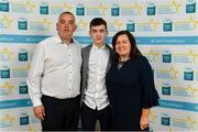 28 September 2019; James Donaghy of Carrickmore St. Colmcilles and Tyrone, with family members Patrick and Chrsitine Donaghy, on their arrival at the 2019 Electric Ireland Minor Star Awards. The Hurling and Football Team of the Year was selected by an expert panel of GAA legends including Alan Kerins, Derek McGrath, Karl Lacey and Tomás Quinn. The Electric Ireland GAA Minor Star Awards create a major moment for Minor players, showcasing the outstanding achievements of individual performers throughout the Championship season. The awards also recognise the effort of those who support them day in and day out, from their coaches to parents, clubs and communities. #GAAThisIsMajor  Photo by Seb Daly/Sportsfile
