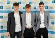 28 September 2019; Kilkenny Minor hurlers, from left, Billy Drennan, Aidan Tallis and Peter McDonald, on their arrival at the 2019 Electric Ireland Minor Star Awards. The Hurling and Football Team of the Year was selected by an expert panel of GAA legends including Alan Kerins, Derek McGrath, Karl Lacey and Tomás Quinn. The Electric Ireland GAA Minor Star Awards create a major moment for Minor players, showcasing the outstanding achievements of individual performers throughout the Championship season. The awards also recognise the effort of those who support them day in and day out, from their coaches to parents, clubs and communities. #GAAThisIsMajor  Photo by Seb Daly/Sportsfile