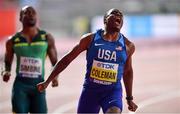 28 September 2019; Christian Coleman of USA celebrates after winning the Men's 100m Final during day two of the World Athletics Championships 2019 at Khalifa International Stadium in Doha, Qatar. Photo by Sam Barnes/Sportsfile