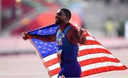 28 September 2019; Justin Gatlin of USA celebrates after winning a silver medal in the Men's 100m Final during day two of the World Athletics Championships 2019 at Khalifa International Stadium in Doha, Qatar. Photo by Sam Barnes/Sportsfile