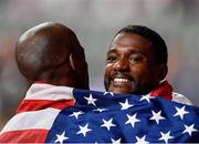 28 September 2019; Justin Gatlin of USA celebrates after winning a silver medal in the Men's 100m Final with Jeff Henderson of USA, who won silver in the Men's Long Jump, during day two of the World Athletics Championships 2019 at Khalifa International Stadium in Doha, Qatar. Photo by Sam Barnes/Sportsfile