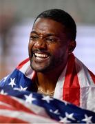 28 September 2019; Justin Gatlin of USA, celebrates after winning a silver medal in the Men's 100m Final during day two of the World Athletics Championships 2019 at Khalifa International Stadium in Doha, Qatar. Photo by Sam Barnes/Sportsfile