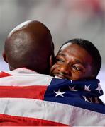 28 September 2019; Justin Gatlin of USA, right, celebrates after winning a silver medal in the Men's 100m Final with Jeff Henderson of USA, who won silver in the Men's Long Jump, during day two of the World Athletics Championships 2019 at Khalifa International Stadium in Doha, Qatar. Photo by Sam Barnes/Sportsfile