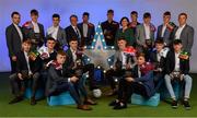 28 September 2019; The Electric Ireland Minor Football Team of the Year, back row, from left, Darragh Cashman of Millstreet and Cork, James Donaghy of Carrickmore St. Colmcilles and Tyrone, Ethan Henry of Mayo Gaels and Mayo, James McLaughlin of Moycullen and Galway, Michael O’Neill of Buttevant and Cork, Daniel Linehan of Castlemagner and Cork, and Oisín Tunney of Breaffy and Mayo, front row, from left, Devon Burns of Na Gaeil and Kerry, Aaron Browne of Celbridge and Kildare, Jonathan McGrath of Caherlistrane and Galway, Tomo Culhane of Salthill-Knocknacarra and Galway, Conor Corbett of Clyda Rovers and Cork, Daniel Cox of Moycullen and Galway, Ronan Boyle of Truagh Gaels and Monaghan, and Kerry and Dylan Geaney of Dingle and Kerry, are joined by Karl Lacey, Electric Ireland GAA Minor Stars Awards Panel Member, left, Munster Council chairman Liam Lenihan, centre left, Executive Director of ESB Marguerite Sayers, centre right, and Tomás Quinn, Electric Ireland GAA Minor Stars Awards Panel Member, right, at the 2019 Electric Ireland Minor Star Awards. The Football Team of the Year was selected by an expert panel of GAA legends including Alan Kerins, Derek McGrath, Karl Lacey and Tomás Quinn. The Electric Ireland GAA Minor Star Awards create a major moment for Minor players, showcasing the outstanding achievements of individual performers throughout the Championship season. The awards also recognise the effort of those who support them day in and day out, from their coaches to parents, clubs and communities. #GAAThisIsMajor  Photo by Seb Daly/Sportsfile