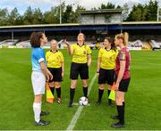 29 September 2019; Referee Emma Cleary with captains Della Doherty of Peamount United, left, and Kayla Brady of Galway WFC during the coin toss prior to the Só Hotels U17 Women’s National League Cup Final match between Galway WFC and Peamount United at Eamonn Deacy Park in Galway. Photo by Seb Daly/Sportsfile