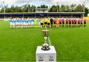 29 September 2019; A view of the trophy as players and officials line up prior to the Só Hotels U17 Women’s National League Cup Final match between Galway WFC and Peamount United at Eamonn Deacy Park in Galway. Photo by Seb Daly/Sportsfile